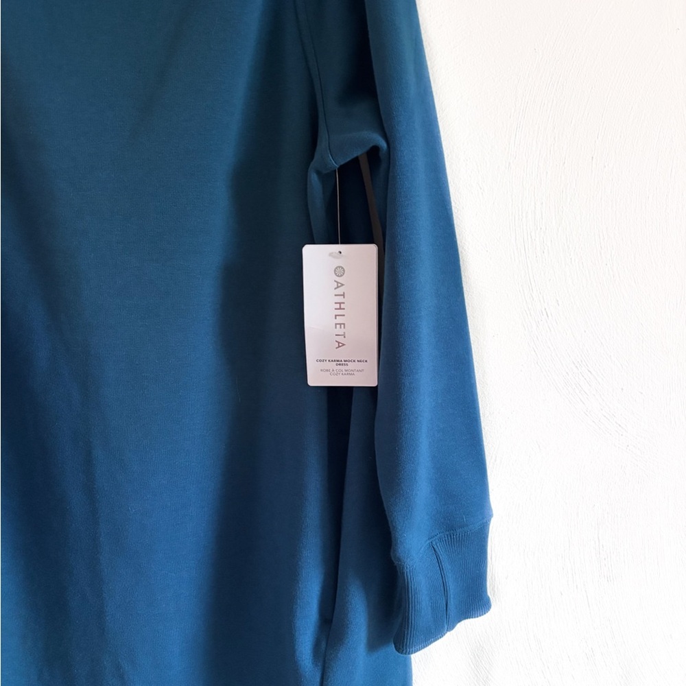 Athleta NWT Cozy Karma Mock Neck Dress With Plush Interior Color Deep Teal Blue - Picture 3 of 5